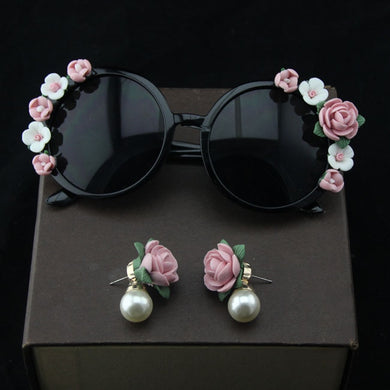 runway Baroque Women Girls pink flower Sunglasses Retro Decor Floral Flower Sunglasses Summer Beach Glasses