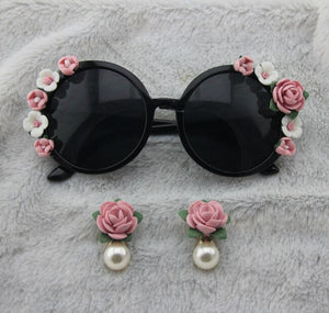 runway Baroque Women Girls pink flower Sunglasses Retro Decor Floral Flower Sunglasses Summer Beach Glasses