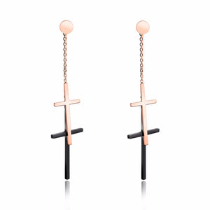 Fashion two cross Drop Earring For Women Rose Gold Color Stainless Steel style dangle earring Jewelry Gift