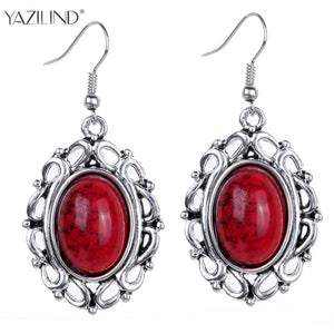 Fashion vintage Hollow Out Silver Plated Oval Red Women Hook Earrings Gems Jewellery
