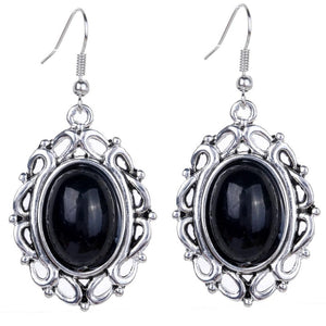 Fashion vintageHollow Out Silver Plated Oval Black Women Hook Earrings Gems Jewelry For Women