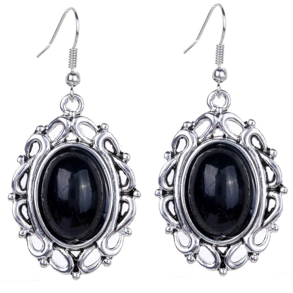 Fashion vintageHollow Out Silver Plated Oval Black Women Hook Earrings Gems Jewelry For Women