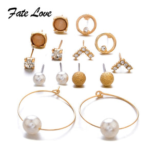 7 Pairs/lot Stud Earrings Set For Women Elegant Rhinestone Simulated Pearl Earrings Big Gold Round Circle Earring