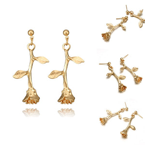 Female Jewelry Classic Romantic Handmade Gold Color Rose Flower Earrings Delicate Metal Leaf Dangle Earring For Women Romantic