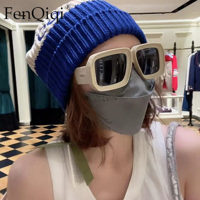 Fenqiqi Brand Square Sunglasses Big Designer Checkerboard Printting Shades Sunglasses Women 2023