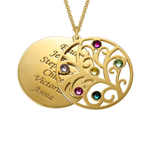 Filigree Family Tree Pendant Necklace with Birthstones Birthstones Long Necklaces Jewelry Custom Made Any Name YP2547