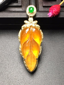 Fine Jewelry Real 18K white Gold AU750 Leaf 100% Natural Burmes Jadite Yellow Myanmer origin jade pendant neckalces for women