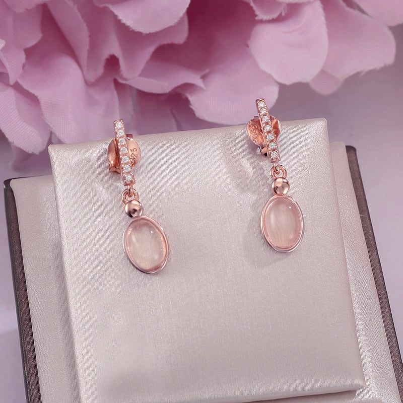 Fine Jewelry S925 Sterling Silver Drop Earrings For Women 100% Natural Gemstone Pink Rose Quartz Oval Wedding Brincos CCEI006