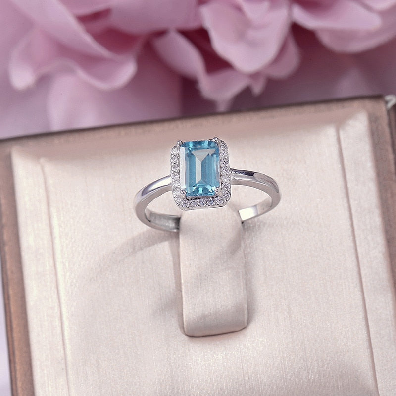 Fine Jewelry Sterling Silver Rings For Women Topaz 1ct Blue Rectangle 7*5mm Gemstone Adjustable Wedding Engagement Ring R-TO015