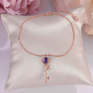 Fine Jewelry Sterling Silver S925 Bracelets for Women Amethyst Crown Key to Heart Natural Rose Gold Plated Charm Bangle CCHI024