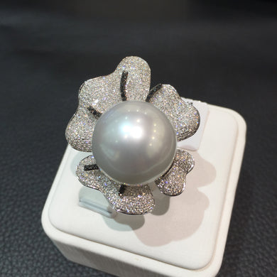 Fine women jewelry 16-17MM Big south pearl ring white 18K gold with diamond flower ring