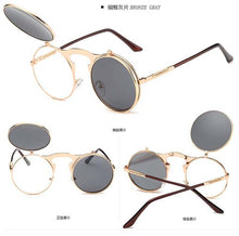 Load image into Gallery viewer, Flip Up Gothic Steampunk Sunglasses Round Brand Vintage Sun Glasses  Designer Metal Retro Men Women Flat Top Clamshell Goggles