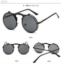 Load image into Gallery viewer, Flip Up Gothic Steampunk Sunglasses Round Brand Vintage Sun Glasses  Designer Metal Retro Men Women Flat Top Clamshell Goggles