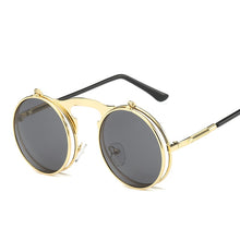 Load image into Gallery viewer, Flip Up Gothic Steampunk Sunglasses Round Brand Vintage Sun Glasses  Designer Metal Retro Men Women Flat Top Clamshell Goggles