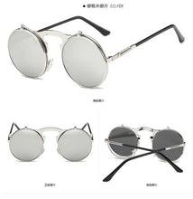 Load image into Gallery viewer, Flip Up Gothic Steampunk Sunglasses Round Brand Vintage Sun Glasses  Designer Metal Retro Men Women Flat Top Clamshell Goggles