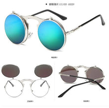 Load image into Gallery viewer, Flip Up Gothic Steampunk Sunglasses Round Brand Vintage Sun Glasses  Designer Metal Retro Men Women Flat Top Clamshell Goggles