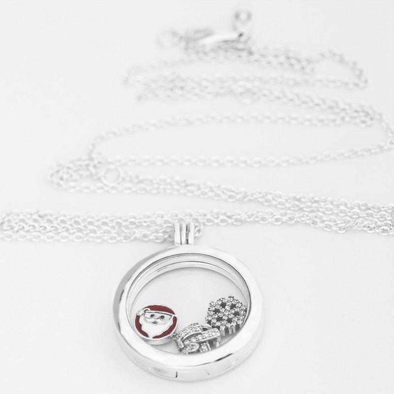 Ciondolo galleggiante Regalo di Natale Europa Collana con CZ trasparente da donna Argento sterling 925 per medaglione galleggiante di gioielli di moda da donna 