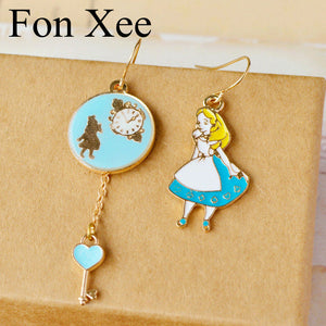 Mismatched Enamel Alice in Wonderland Jewelry Earrings for Girls Women Clock Key Link Long Line Earrings Love Gifts ne12
