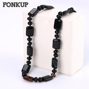 Black Agate Necklace Power Gemstone Ornaments Stone Beads Women Clavicle Chain Ethnic Men Accessories Prayer Angel Wings