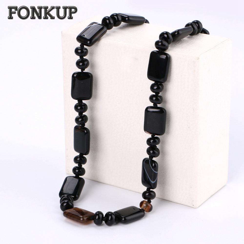 Black Agate Necklace Power Gemstone Ornaments Stone Beads Women Clavicle Chain Ethnic Men Accessories Prayer Angel Wings