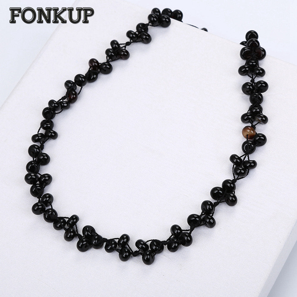 Black Beads Necklace Natural Agate Chain Creativity Punk Women Wedding Jewellery Woven Beaded Round Accessories Bijoux