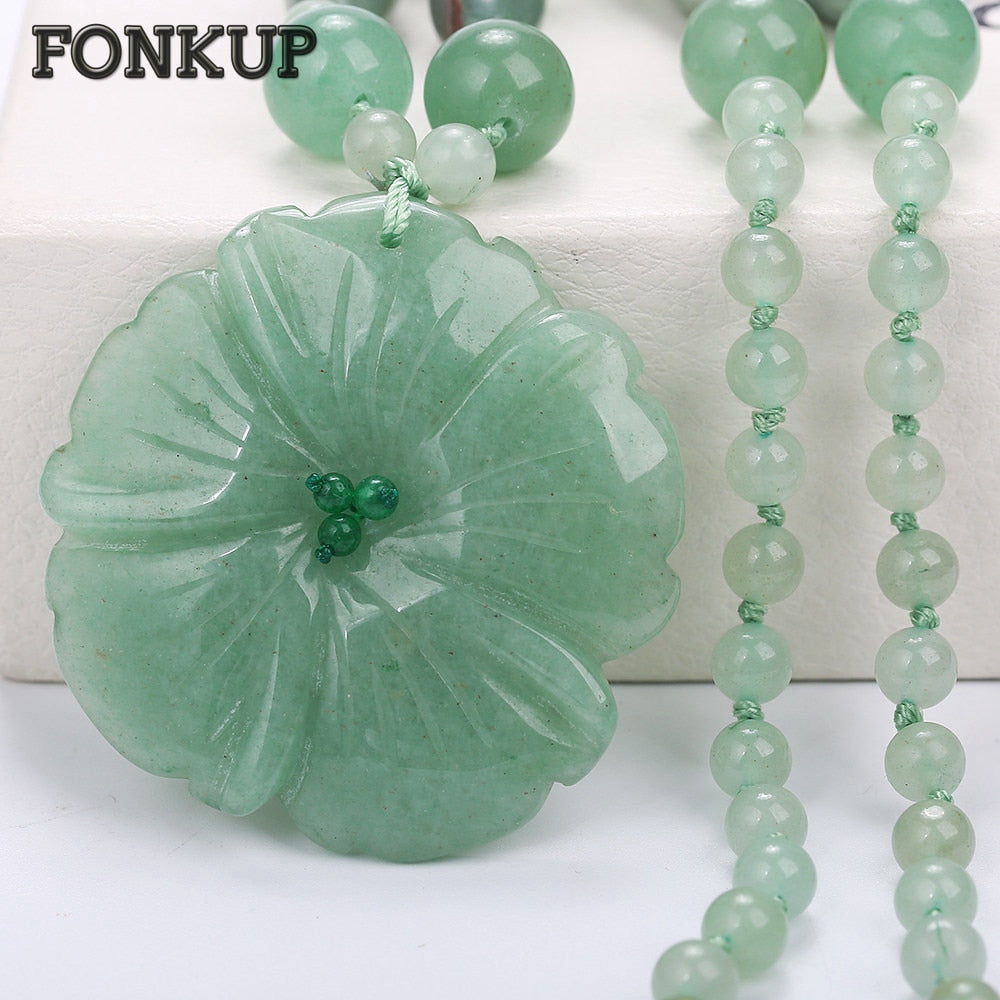 Flower Pendant Necklace Aventurine Jade Jewelry Women Statement Gioielli Power Gem Accessories Bead Chain Rope Hyperbole