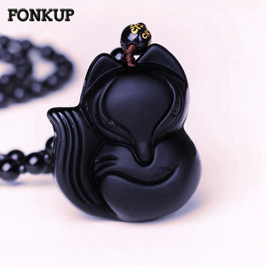 Men Long Necklace Women Hyperbole Jewellery Fox Pendant Obsidian Bead Chain Accessories Simple Prayer Gioielli Original