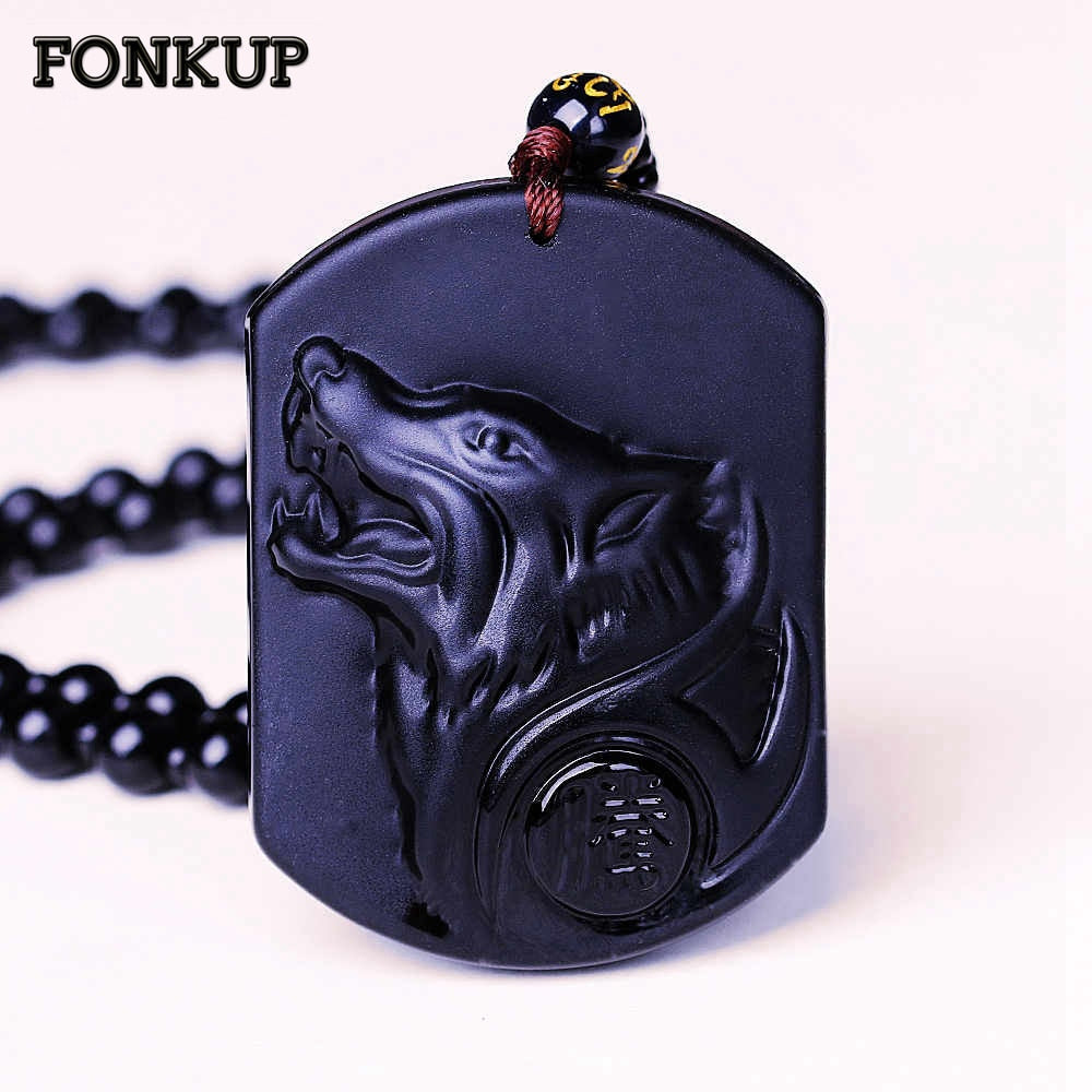 Obsidian Necklace Men Long Jewelry Animal Pendant Fashion Sweater Chain Beads Creativity Wolf Head Gioielli Prayer Lucky