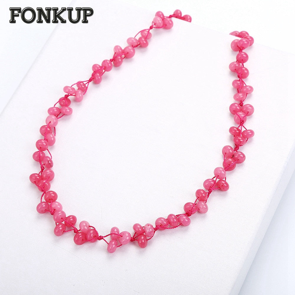 Pink Chalcedony Necklace Power Crystal Beads Chains Women Short Bijoux Men Fine Jewelry Chain Fairy Hiphop Round Letter