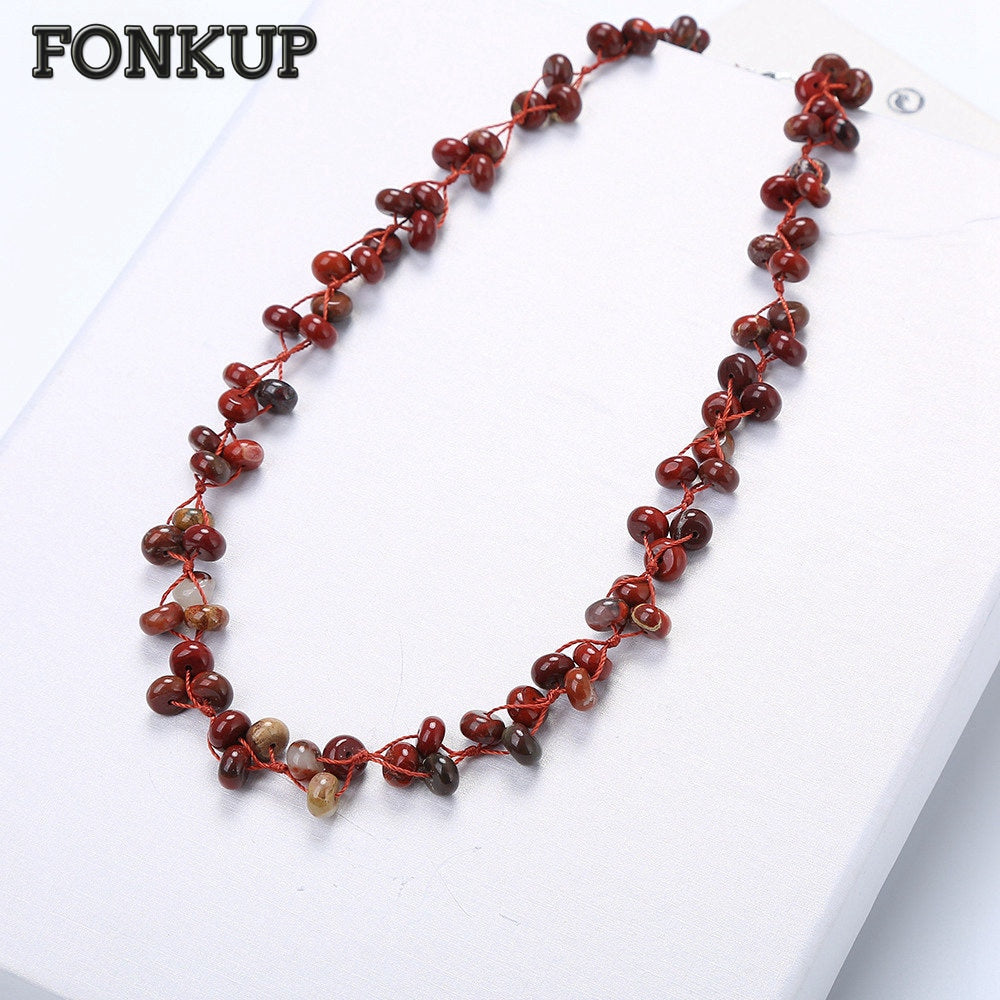 Red Bead Necklace Natural Jasper Chains Woven Fashion Women Accessiroes Short Female Marry Jewelry Round Rope Chain Reiki