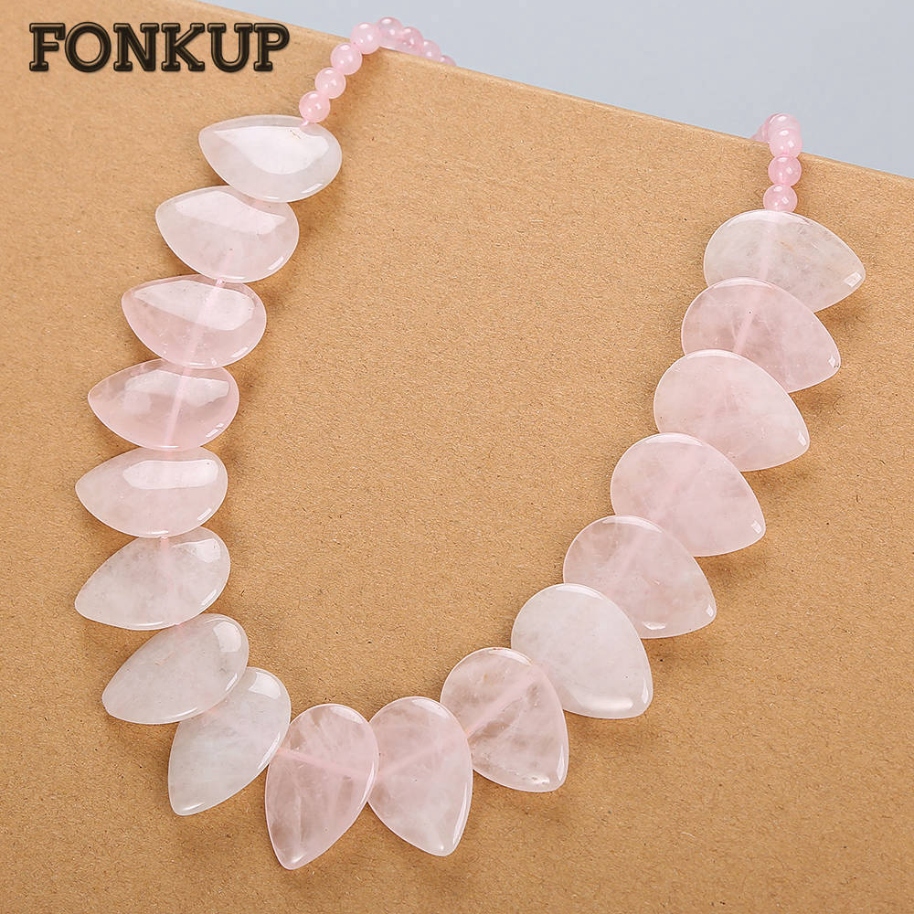 Rose Quartz Necklace Leaf Pendant Crystal Jewelry Pink Bead Chain Accessories Transparent Punk Women Rope Chain Talisman
