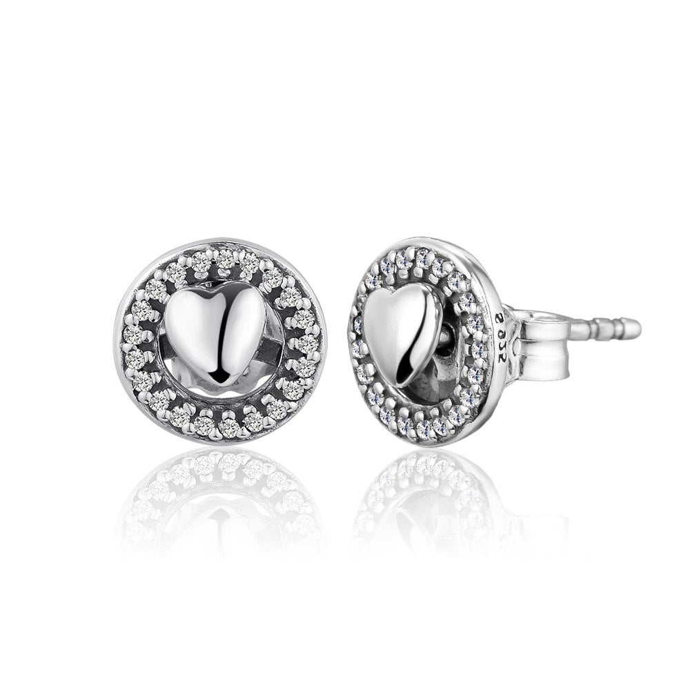 Forever Hearts Earrings 100% 925 Sterling Silver with Clear Cz Fine Jewelry Stud Earrings for Women Lady Gift PFE137