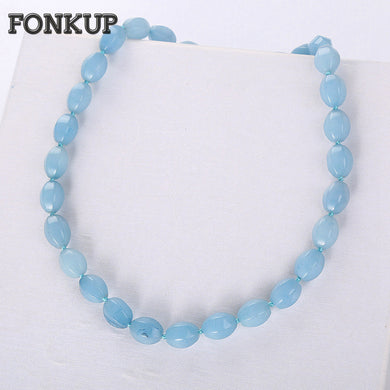 Forkup Aquamarine Necklace Bohemia Women Clavicular Chain Ladies Sautoir Round Beadwork Rope Chain Multilayer Crystal Beads Yoga