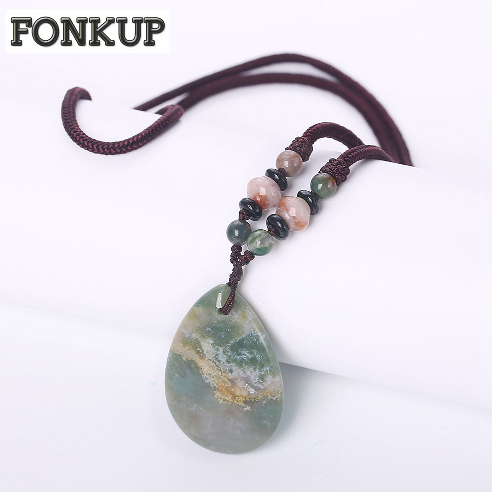 Forkup Aquatic Agate Necklaces Gothic Women Long Pendant Chain Stone Accessories Engagement Geometric Jewellery Rope Chain Reiki