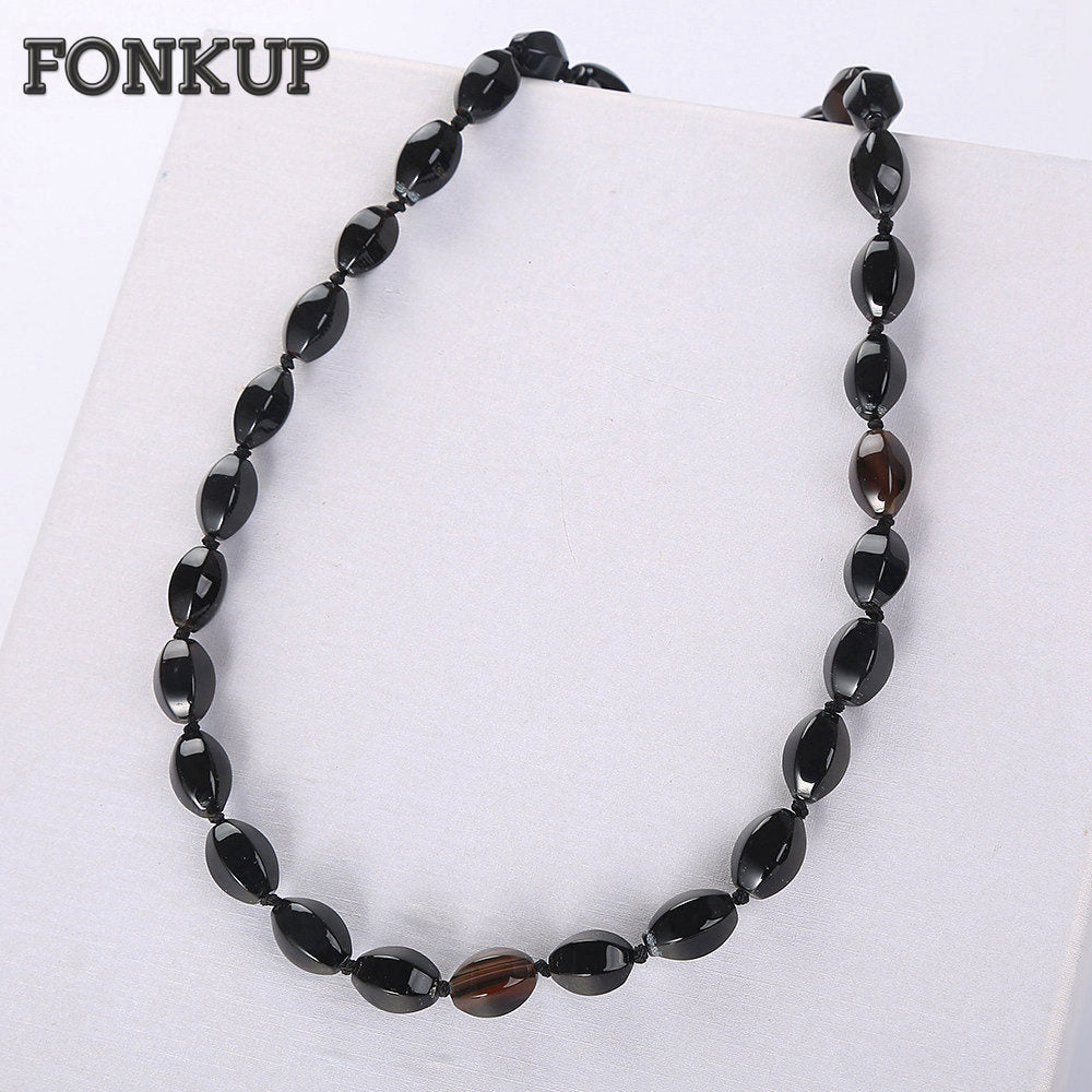 Forkup Black Agate Necklace Women Short Chain Bead Stone Jewellery Punk Mujer Accessories Wedding Bijoux Geometric Rope Chains