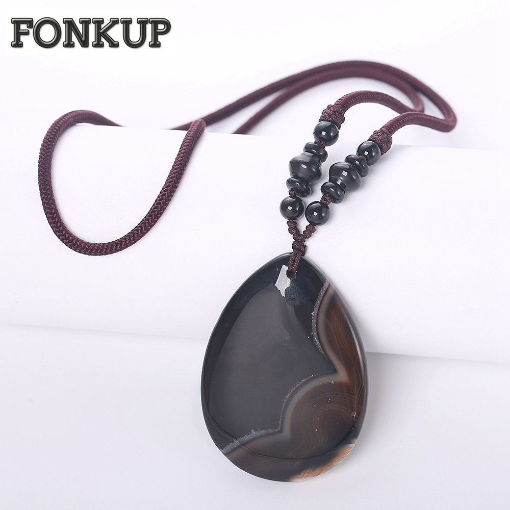 Forkup Classic Women Pendant Necklaces Black Agate Natural Stone Jewellery Elegant Femme Wedding Accessories Round Rope Chain