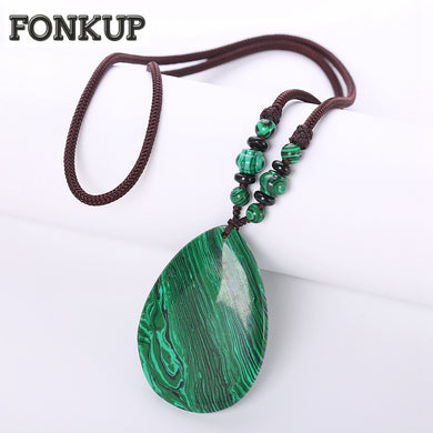 Forkup Ethnic Women Necklace Natural Malachite Pendant Water Drop Stone Beads Jewellery Party Rope Chain Horoscope Fashion Reiki