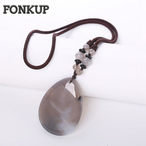 Forkup Grey Agate Necklaces Hyperbole Women Jewellery Crystal Pendant Geometric Gem Accessories Engagement Rope Chain Long Sets