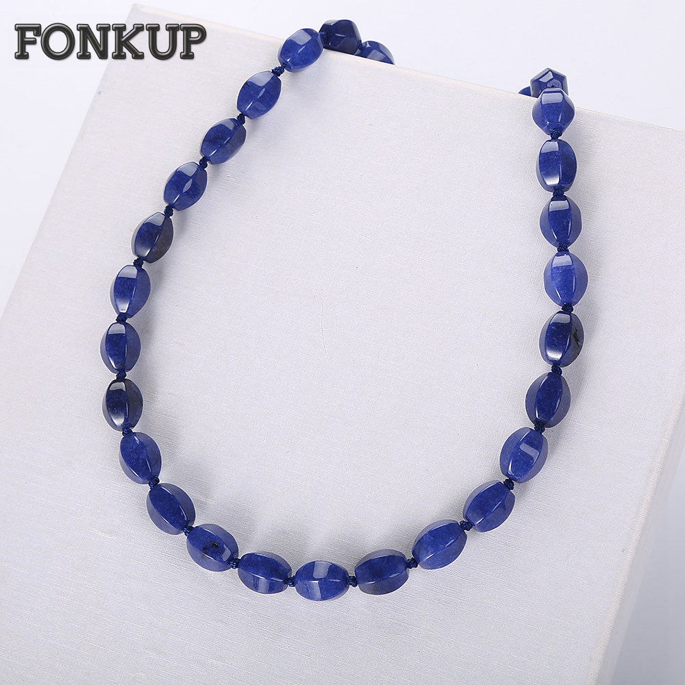Forkup Lapis Lazuli Necklace Bead Stone Natural Chains Trendy Women Fine Jewellery Wedding Gioielli Geometric Rolo Chain Symbol