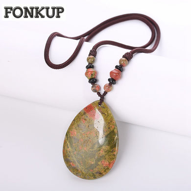 Forkup Long Rope Necklaces Unakite Chain Vintage Women Sautoir Party Jewelry Oval Natural Stone Beads Talisman Pendant Ornaments