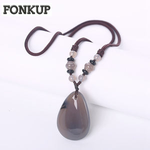 Forkup Natural Agate Necklaces Bohemia Women Fine Jewellery Irregular Pendant Grey Bead Accessories Chain Geometric Enchanting