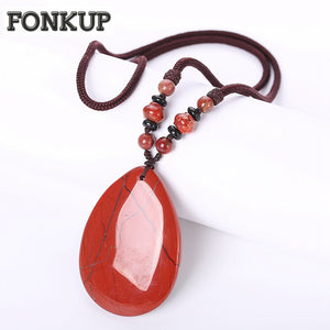 Forkup Natural Jasper Necklaces Red Gemstone Jewelry Trendy Women Party Chain Geometric Beadwork Black Spacer Woven Rope Couples