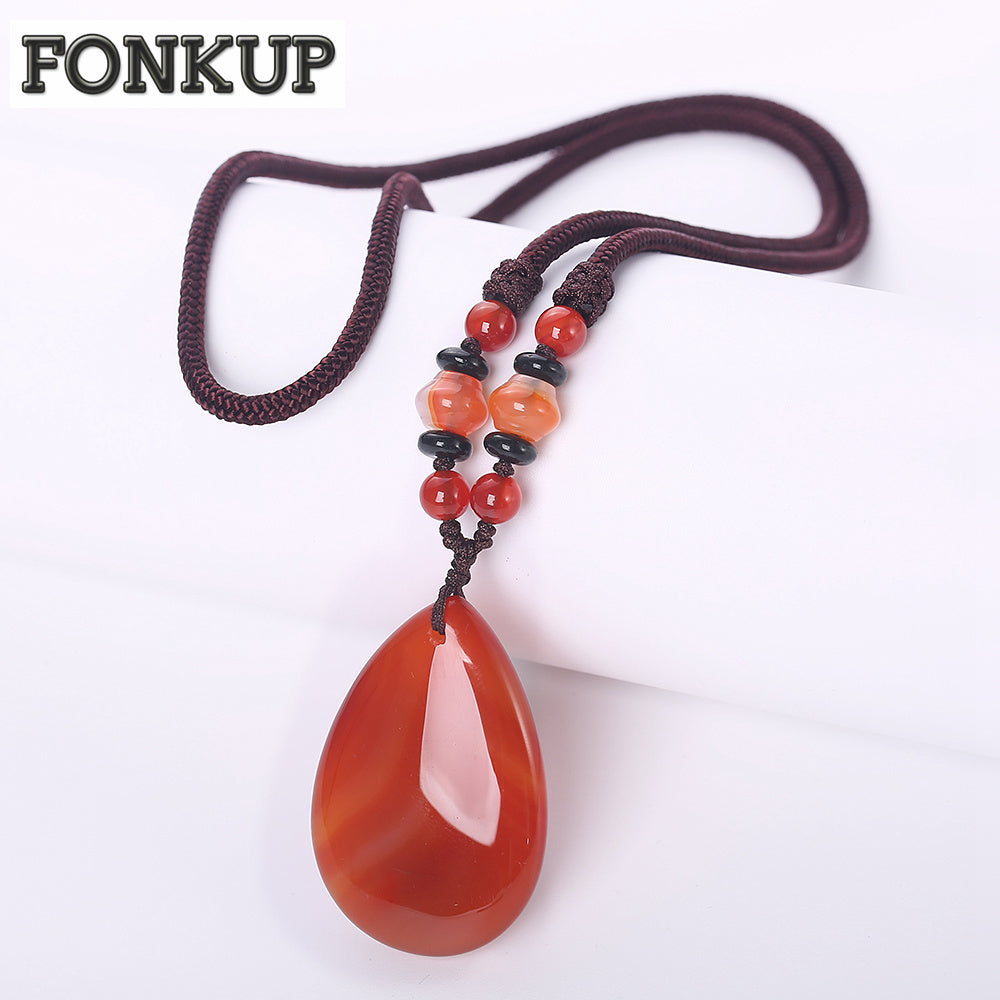 Forkup Red Agate Necklaces Women Pendant Water Drop Accessories Engagement Jewellery Rope Chain Neo-Gothic Beading Black Spacer