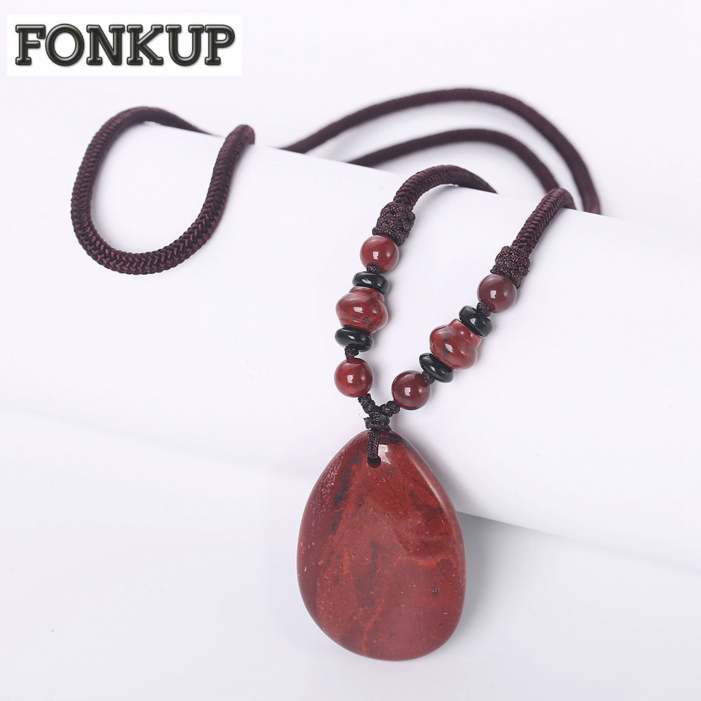 Forkup Red Stone Pendant Natural Jasper Necklaces Punk Women Long Chain Wedding Jewellery Water Drop Bijoux Rope Chain Egyptian