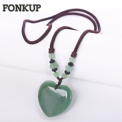 Forkup Romantic Heart Necklaces Natural Jasper Pendant Women Sweater Chain Transparent Crystal Beads Chain Engagement Woven Rope