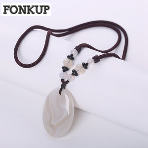 Forkup Statement Pendant Necklaces Grey Agate Jewelry Ethnic Women Naszyjnik Natural Stone Bead Round Rope Chain Elegant Party