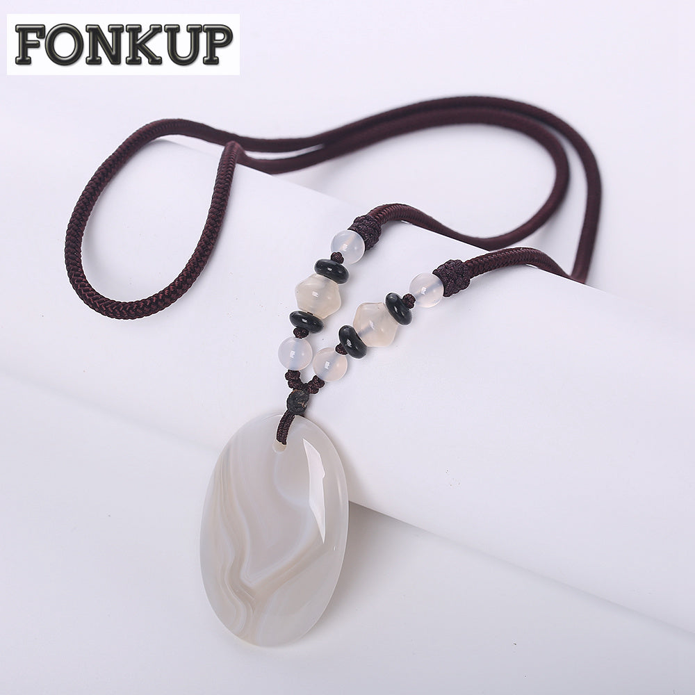 Forkup Statement Pendant Necklaces Grey Agate Jewelry Ethnic Women Naszyjnik Natural Stone Bead Round Rope Chain Elegant Party