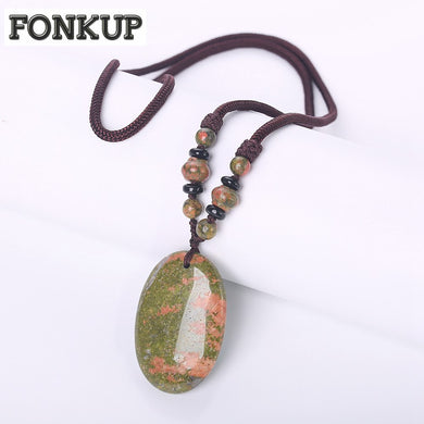 Forkup Unakite Power Necklaces Bohemia Women Fine Jewelry Anniversary Geometric Accessories Natural Crystal Rope Chain Handmade