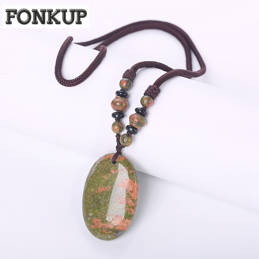 Forkup Unakite Power Necklaces Bohemia Women Fine Jewelry Anniversary Geometric Accessories Natural Crystal Rope Chain Handmade