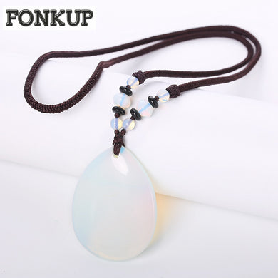 Forkup Collane con opale bianco Catene lunghe da donna classiche Gioielli da sposa Catena a goccia d'acqua Ciondolo in cristallo ovale Perline di lusso Reiki 